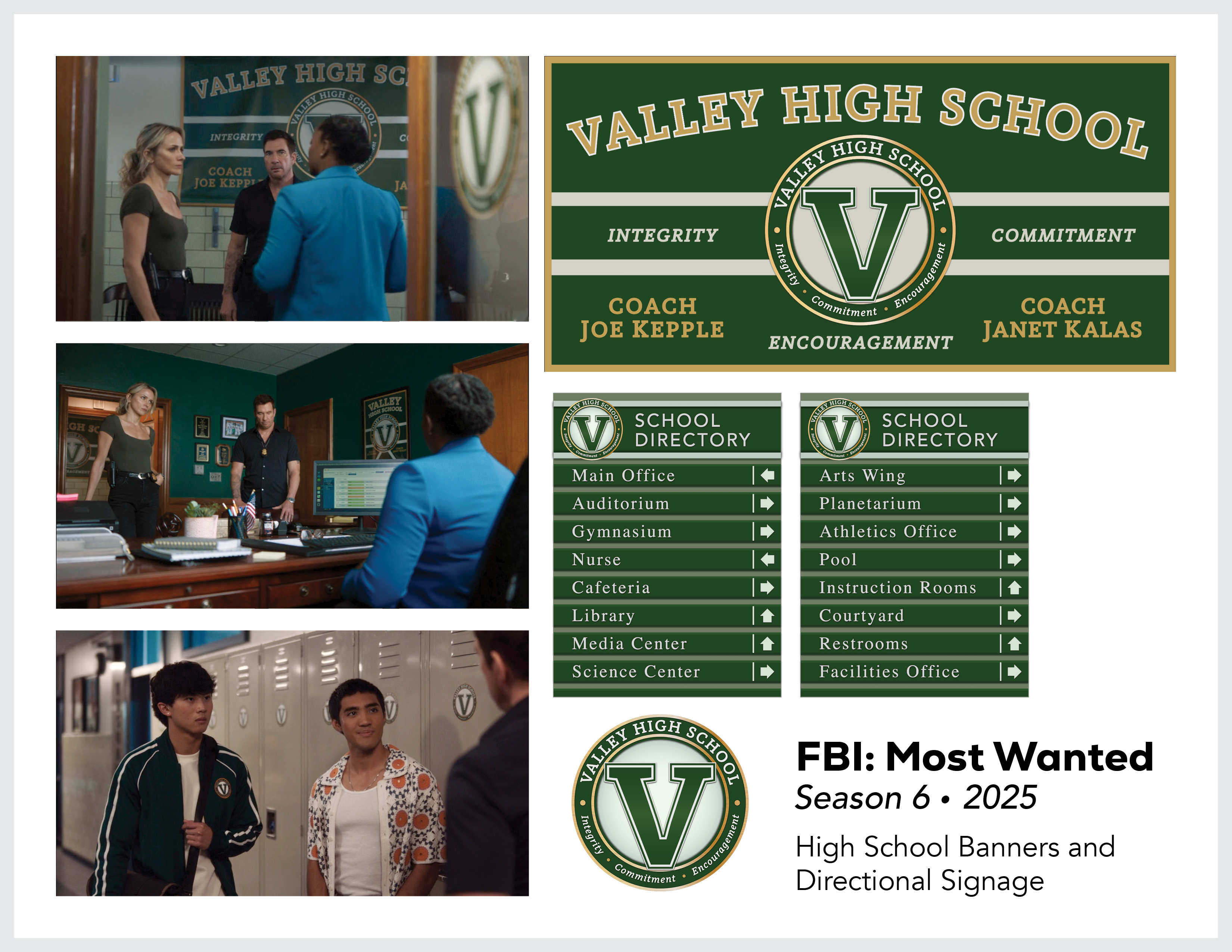 Page from the film and television design portfolio of Paul OConnor from Season 6 of the show FBI:Most Wanted showing signage and set elements for Valley High School