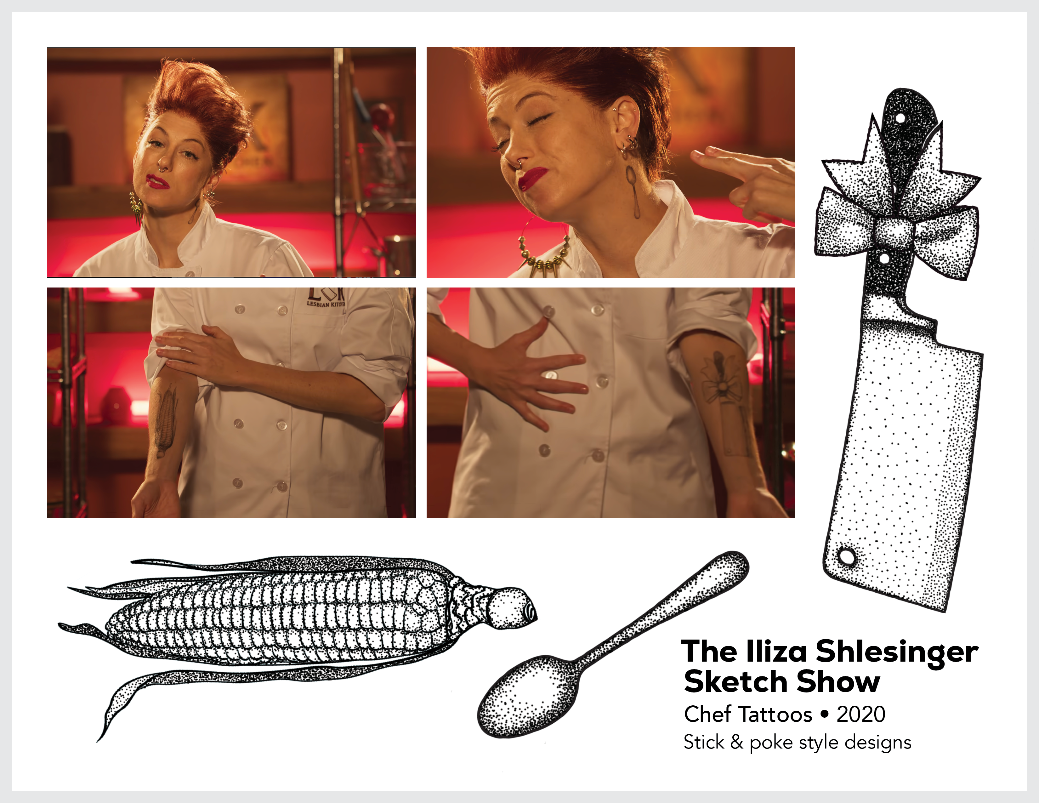Page from the film and television design portfolio of Paul OConnor from the series The Iliza Schlesinger Sketch Show showing multiple stick and poke tattoo designs