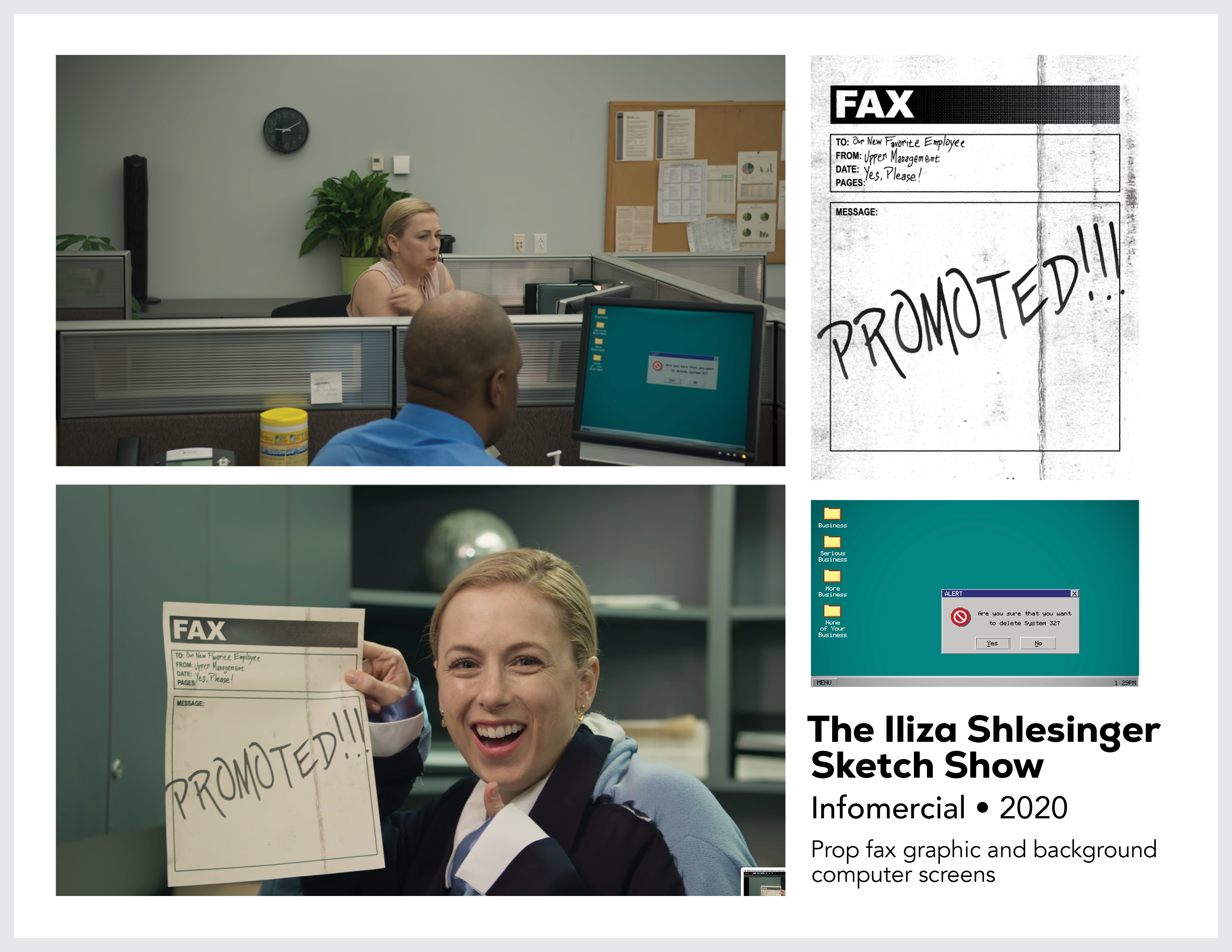 Page from the film and television design portfolio of Paul OConnor from the series The Iliza Schlesinger Sketch Show showing infomercial props and screens