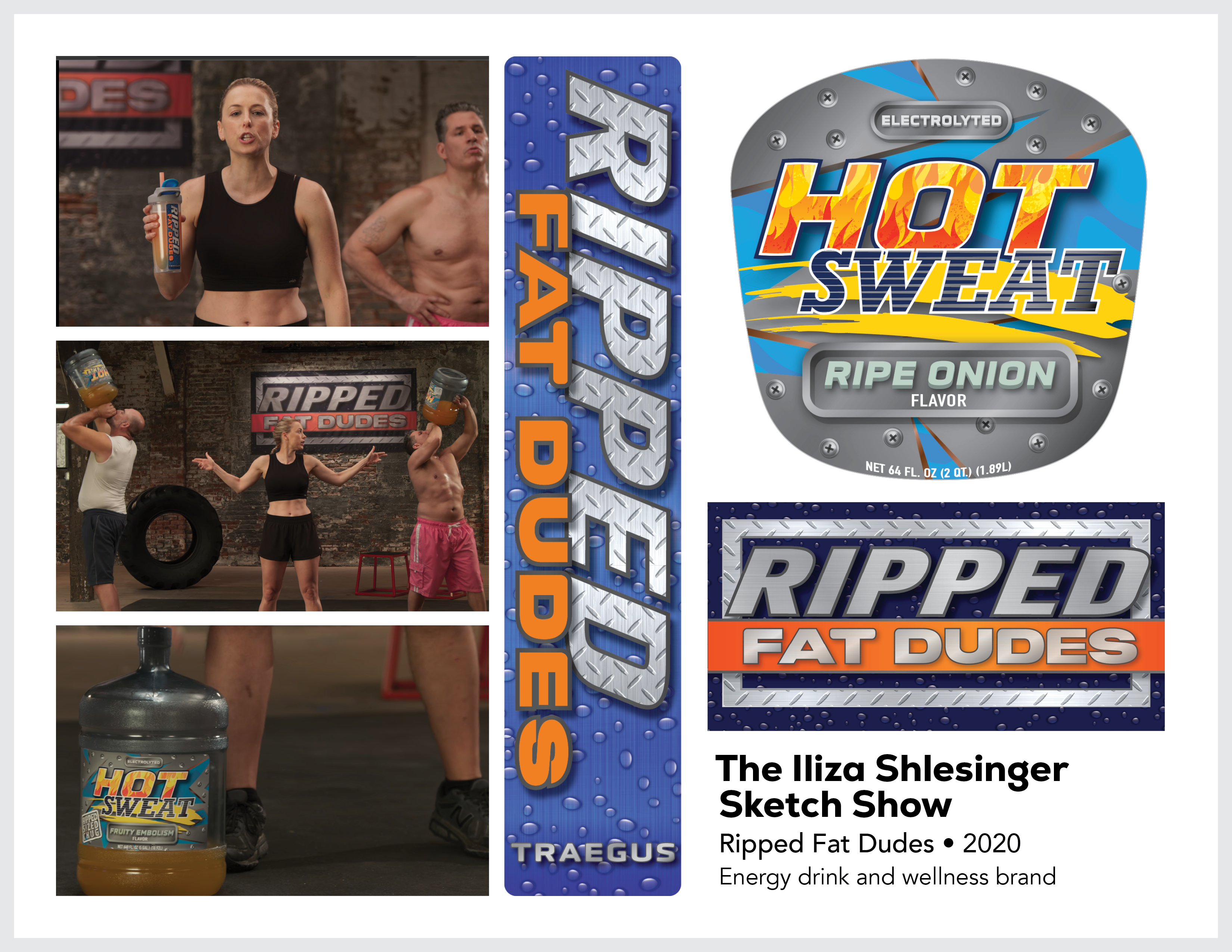 Page from the film and television design portfolio of Paul OConnor from the series The Iliza Schlesinger Sketch Show showing props and set dressing designs for Ripped Fat Dudes