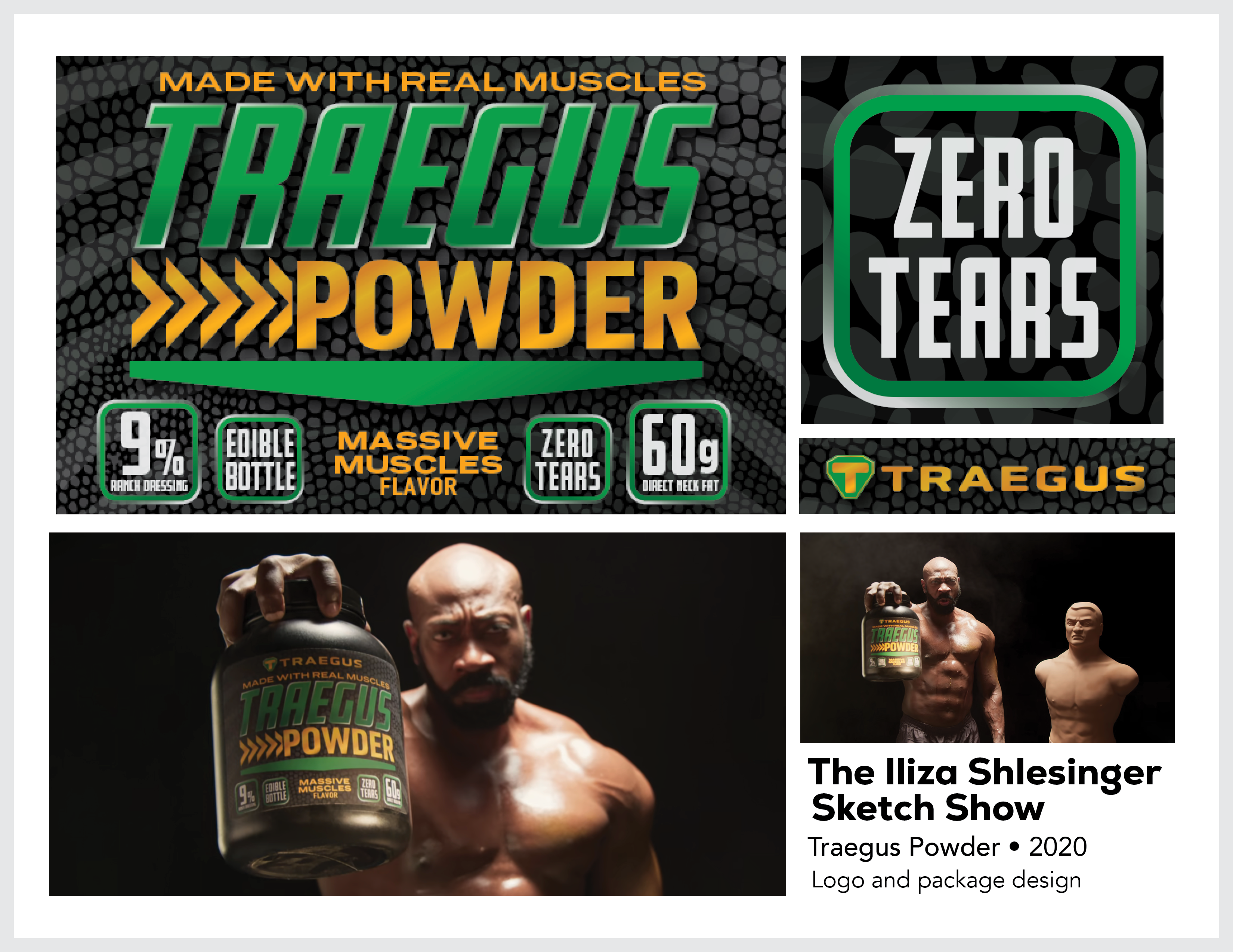 Page from the film and television design portfolio of Paul OConnor from the series The Iliza Schlesinger Sketch Show showing logo and branding for Traegus Powder