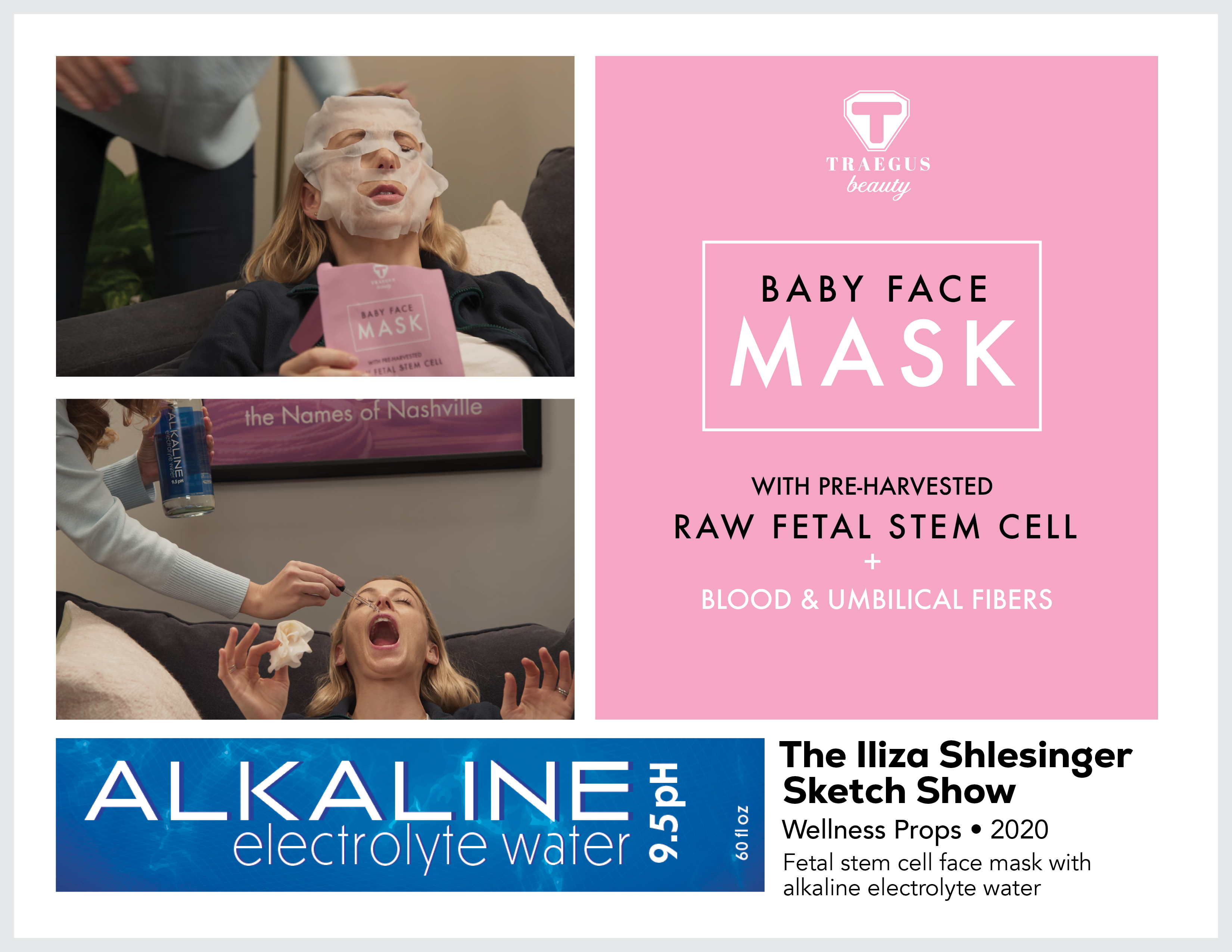 Page from the film and television design portfolio of Paul OConnor from the series The Iliza Schlesinger Sketch Show showing prop packaging designs for alkaline water and raw fetal stem cell face mask