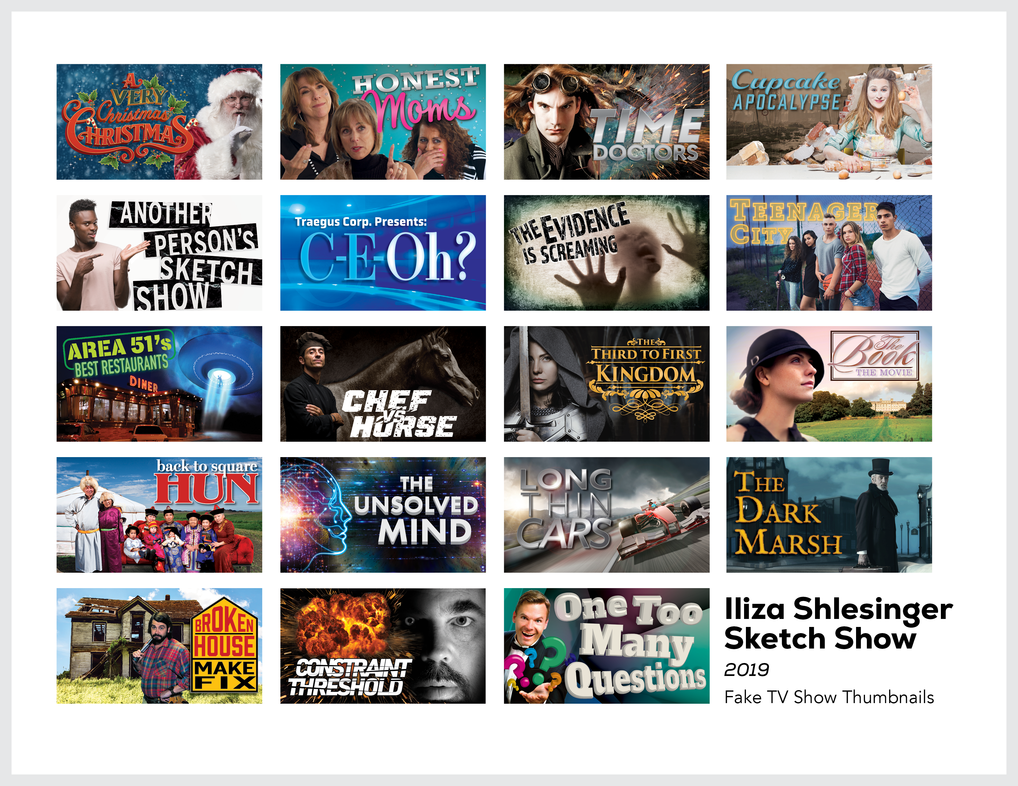 Page from the film and television design portfolio of Paul OConnor from the series The Iliza Schlesinger Sketch Show showing various fictional television show thumbnails