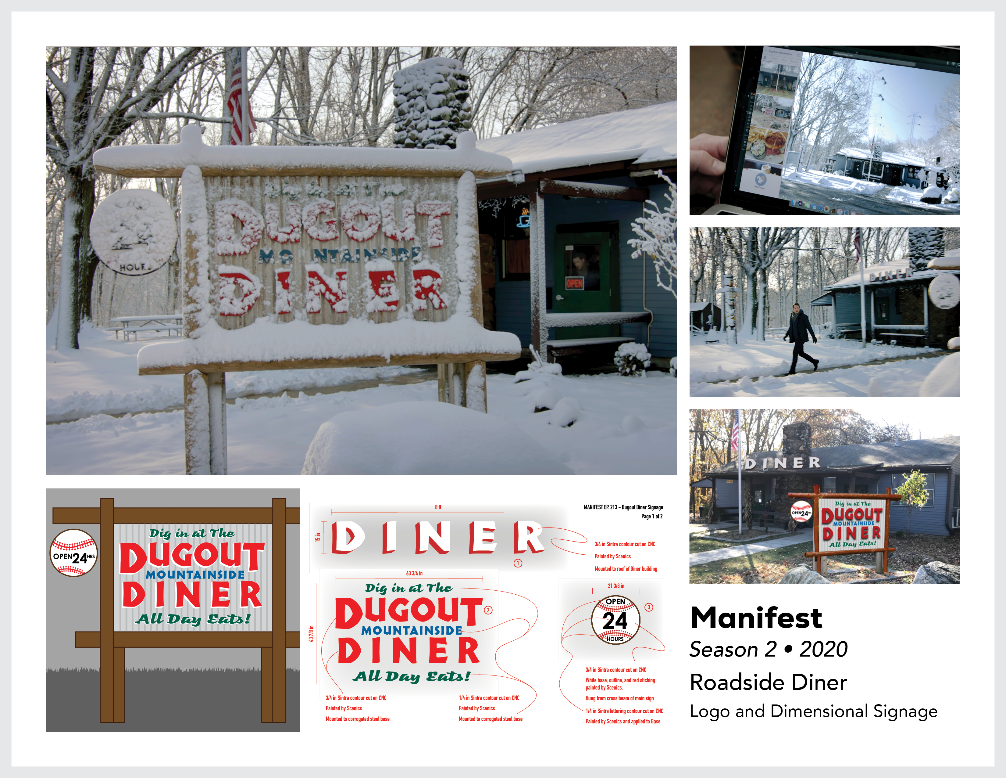 Page from the film and television design portfolio of Paul OConnor from season 2 of the series Manifest showing dimensional signage and set design for a roadside diner