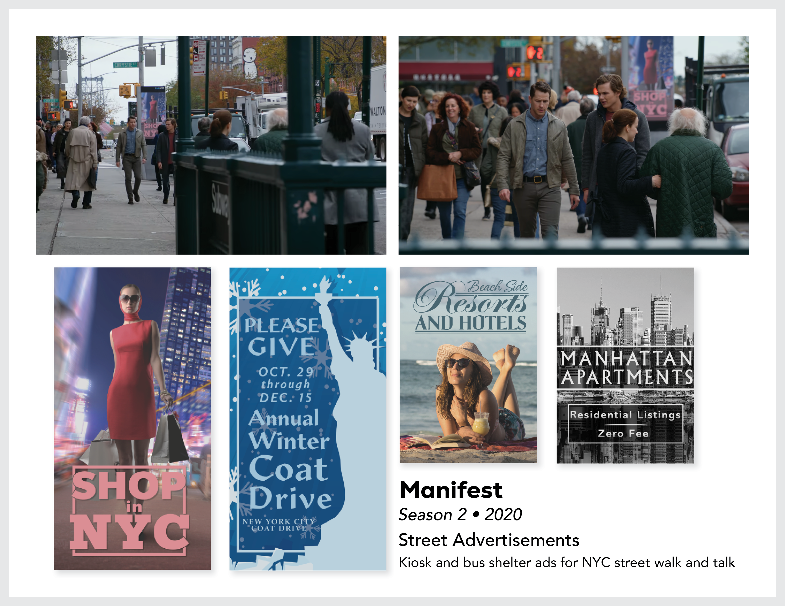 Page from the film and television design portfolio of Paul OConnor from season 2 of the series Manifest showing kiosk and bus shelter ads for a NYC street