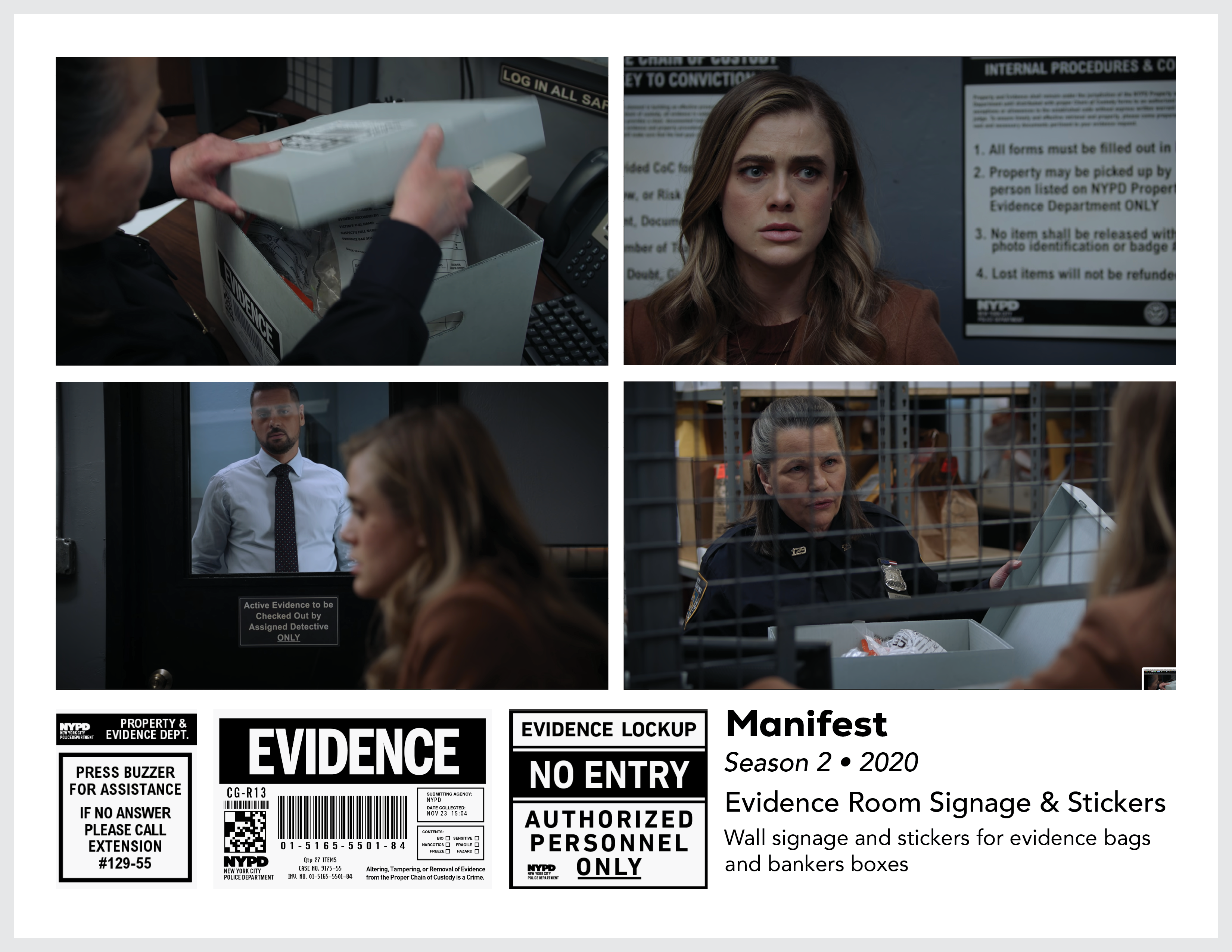 Page from the film and television design portfolio of Paul OConnor from season 2 of the series Manifest showing signage and stickers for an NYPD evidence lock-up