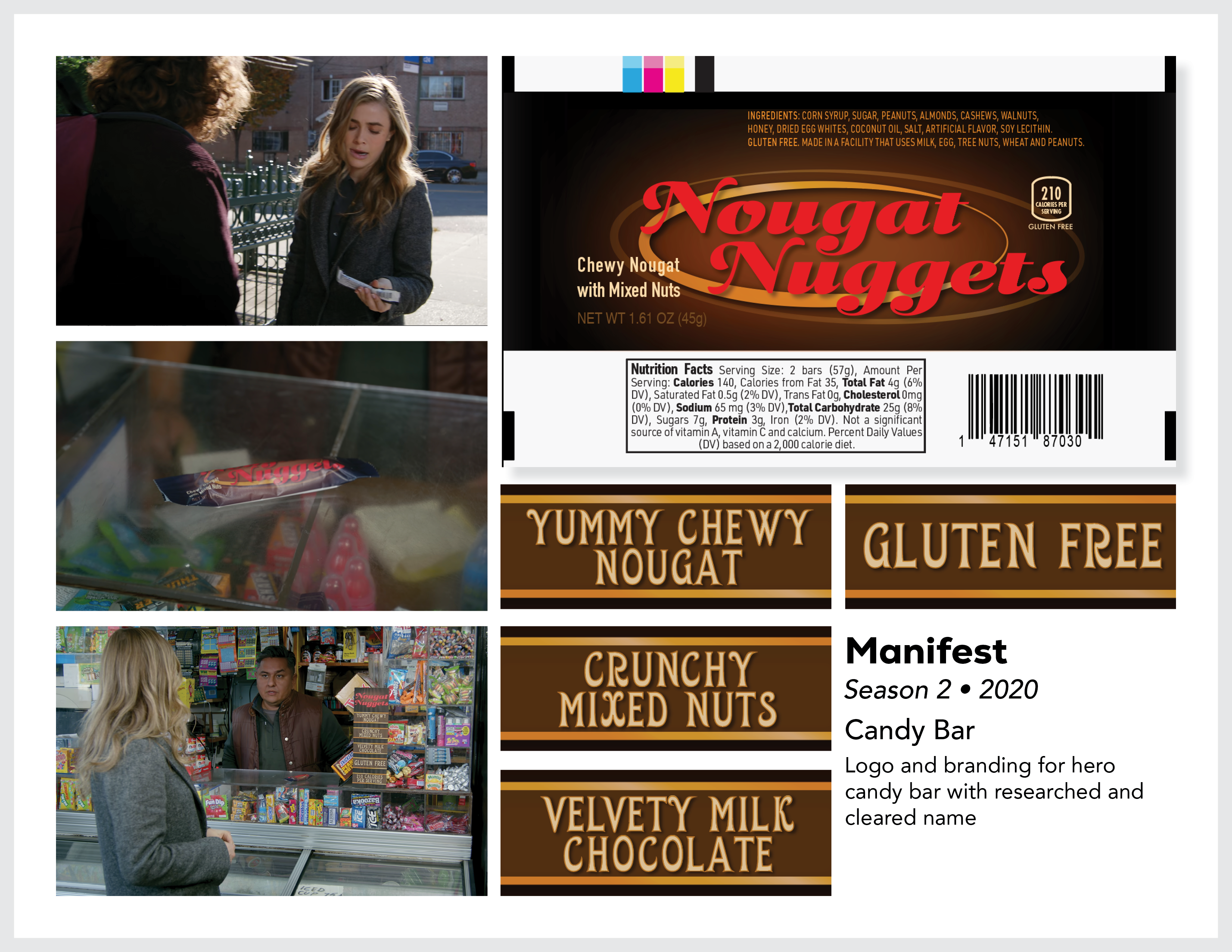 Page from the film and television design portfolio of Paul OConnor from season 2 of the series Manifest showing the logo and branding designs for a prop candy bar called Nougat Nuggets