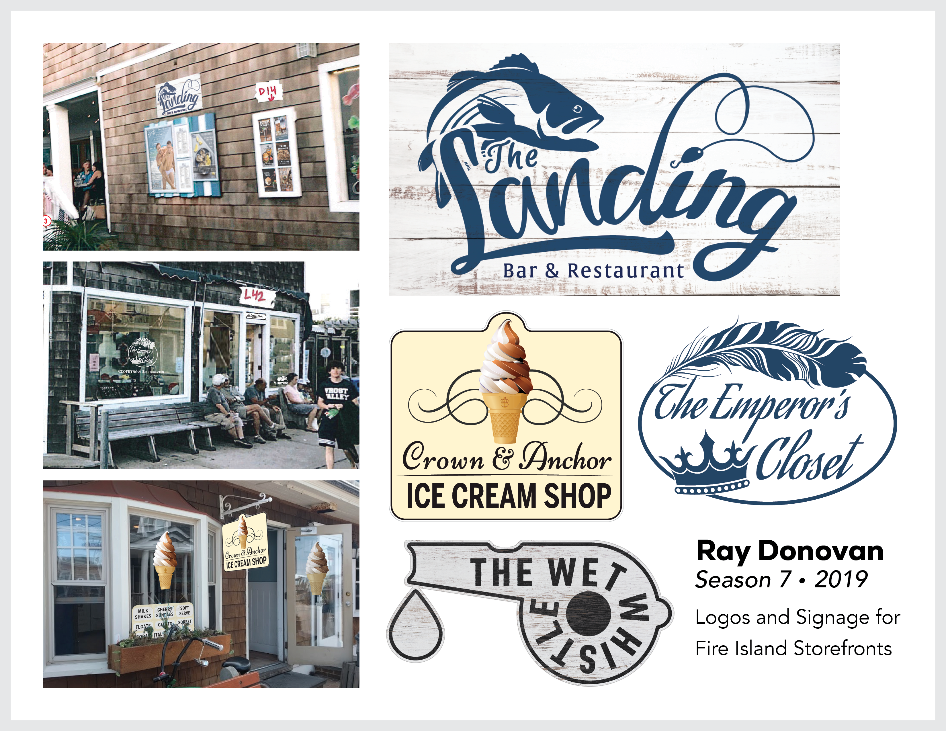 Page from the film and television design portfolio of Paul OConnor from season 7 of the series Ray Donovan showing logo and set design for various storefronts in Fire Island