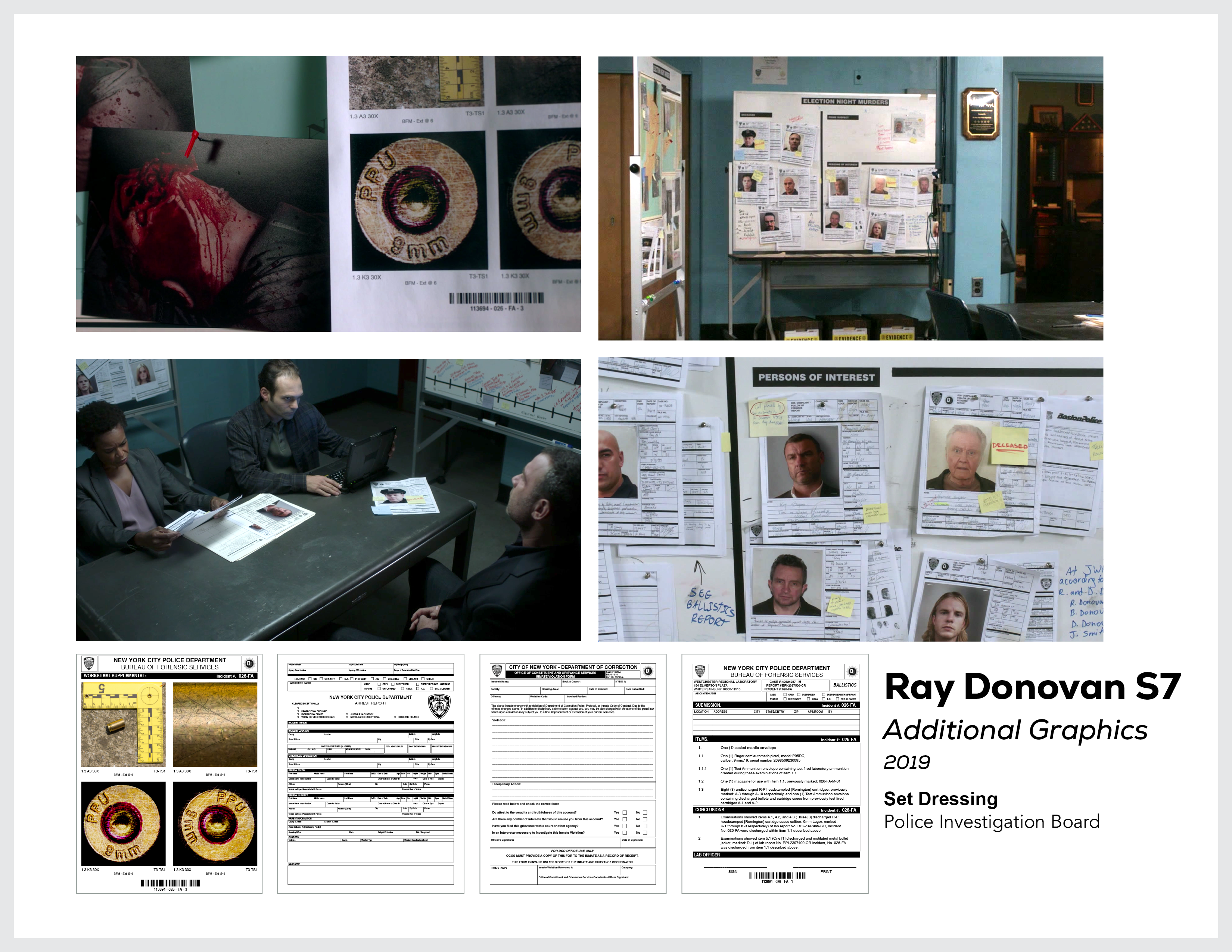 Page from the film and television design portfolio of Paul OConnor from season 7 of the series Ray Donovan showing documents a paperwork for a investigative crime board