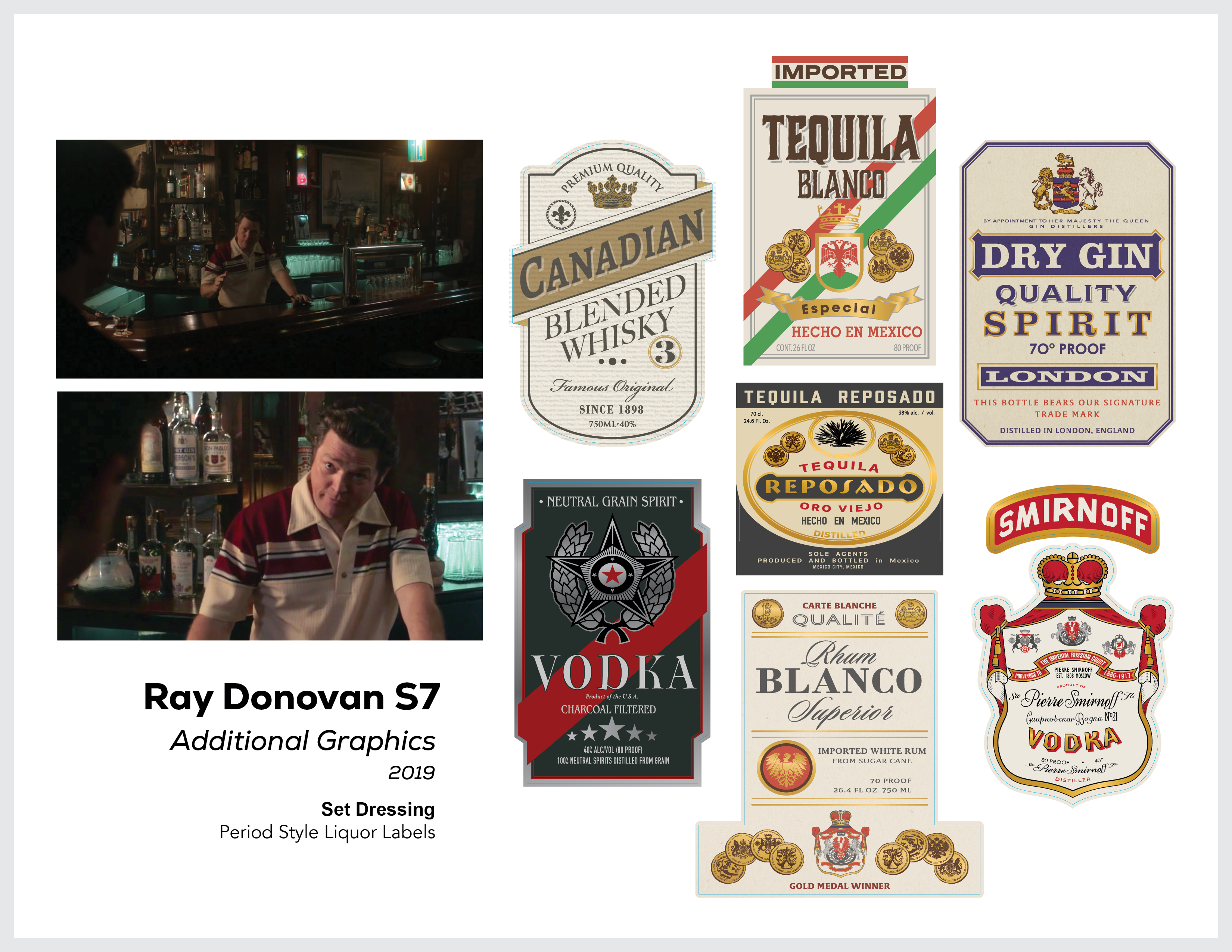 Page from the film and television design portfolio of Paul OConnor from season 7 of the series Ray Donovan showing vintage liquor label designs