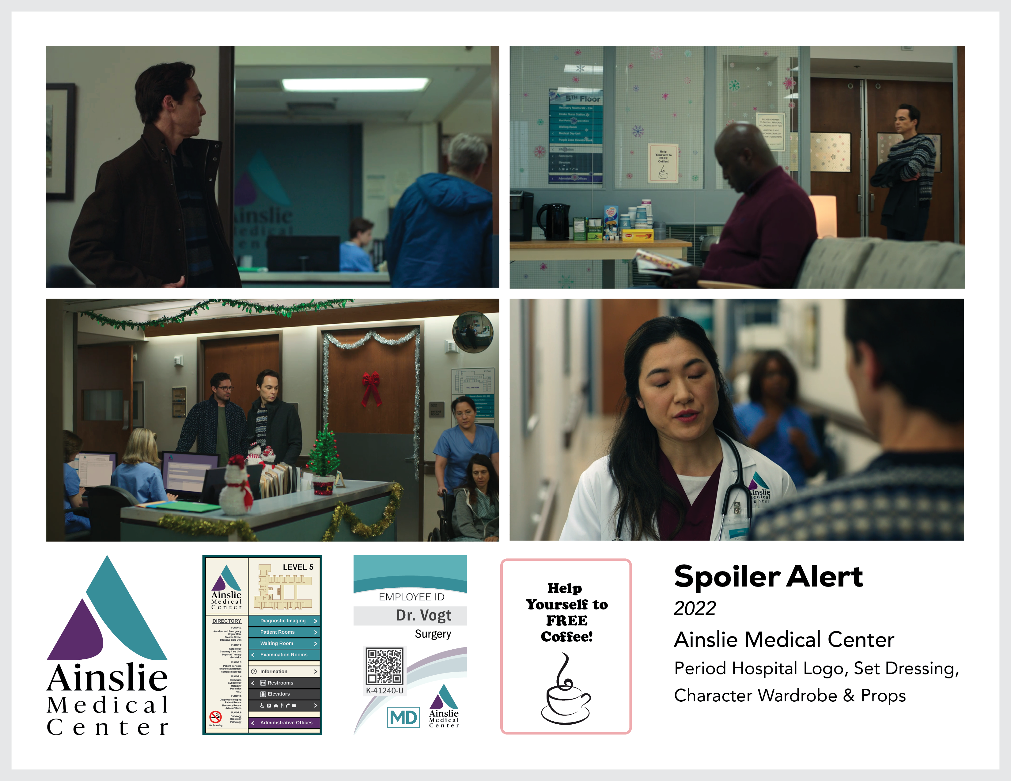 Page from the film and television design portfolio of Paul OConnor from the feature film Spoiler Alert showing logo, signage and set dressing for Ainslie Medical Center