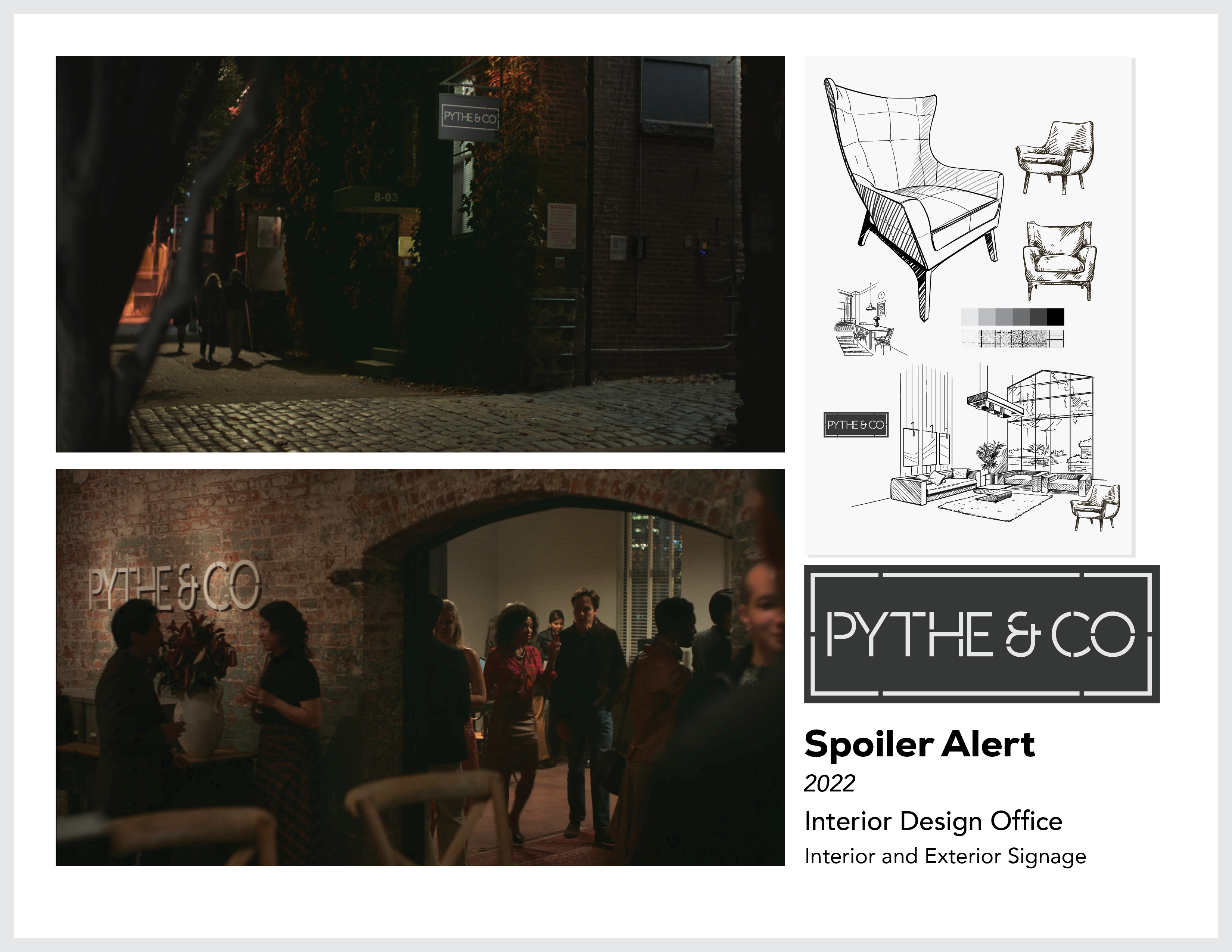 Page from the film and television design portfolio of Paul OConnor from the feature film Spoiler Alert showing logo, signage, and set dressing for Pythe & Co interior design offices
