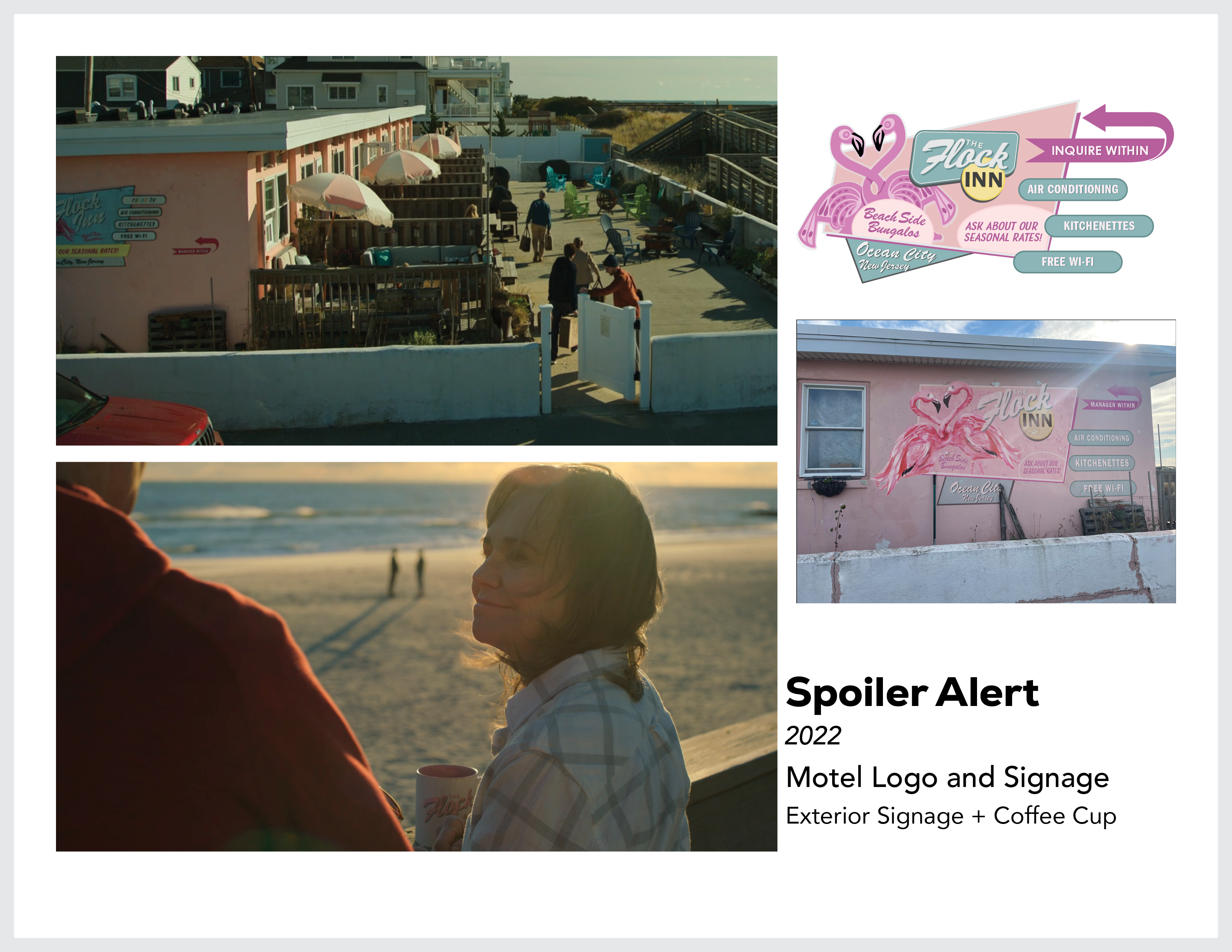 Page from the film and television design portfolio of Paul OConnor from the feature film Spoiler Alert showing mural, props, and set design for The Flock Inn hotel