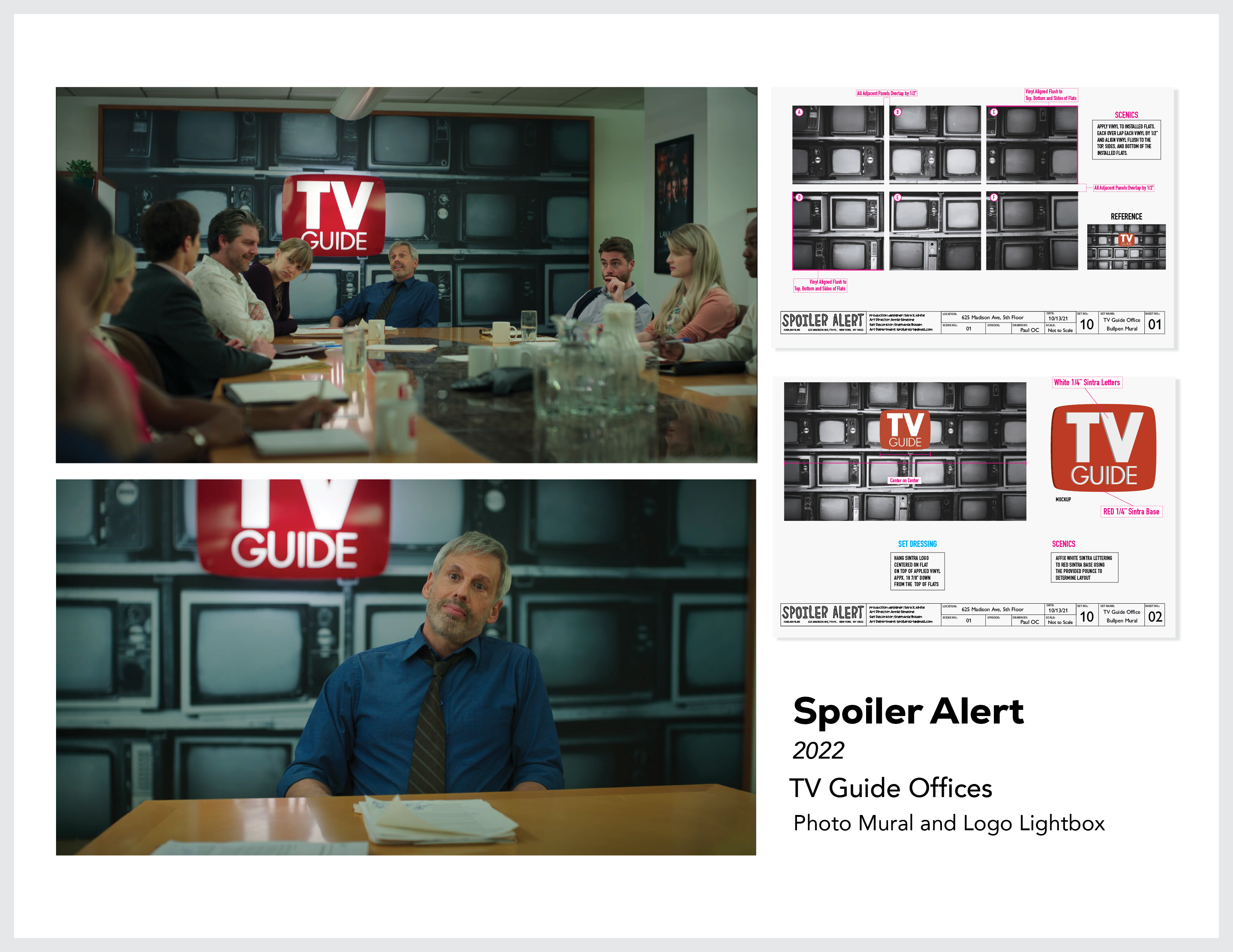 Page from the film and television design portfolio of Paul OConnor from the feature film Spoiler Alert showing statement wall, dimensional signage, and set design for vintage TV Guide office conference room